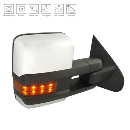 Door Mirror Assembly Right Trailer Tow Type Power w/Signal Lamps Manual Ext/Power Fold Chrome for Chevrolet Silverado 1500 Silverado 1500 LD Silverado 2500 HD Silverado 3500 HD GMC Sierra 1500 Sierra 2500 HD Sierra 3500 HD
