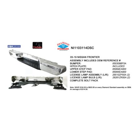 Bumper Assembly Rear w/License Lamps Face Bar/Upper/Center Pad w/o Park Chrome CAPA for Nissan Frontier 2005–2021