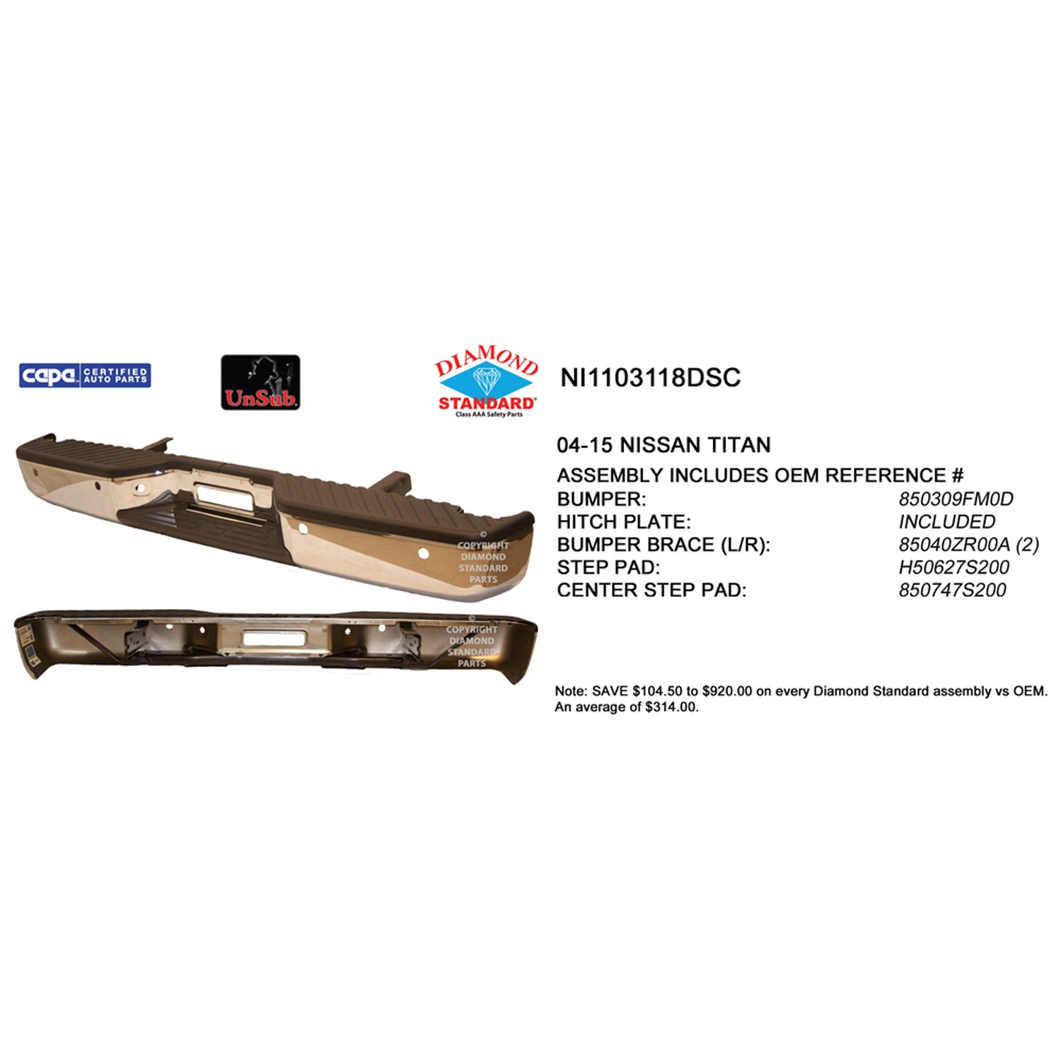 Bumper Assembly Rear w/o Big Tow Pkg w/Distance Sensors Chrome CAPA for Nissan TITAN LE SE SL SV 2004–2015