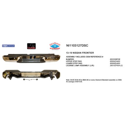 Bumper Assembly Rear w/Rear Object Sensors w/o Sensors w/o Harness Chrome CAPA for Nissan Frontier 2013–2019