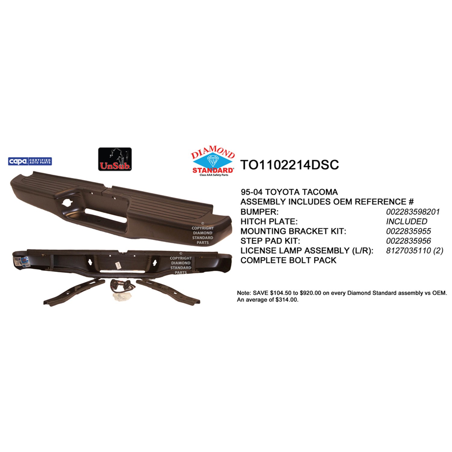 Bumper Face Bar Rear w/Standard Bed Black CAPA for Toyota Tacoma 1995–2004