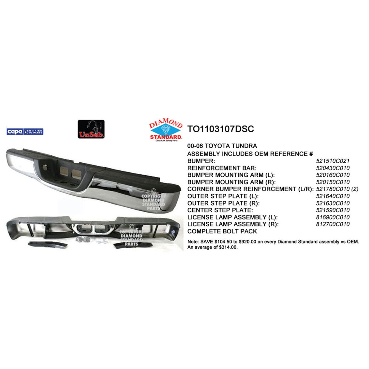 Bumper Assembly Rear Step Bumper Assembly w/Tow Hitch w/License Lamps Chrome CAPA for Toyota Tundra 2000–2006