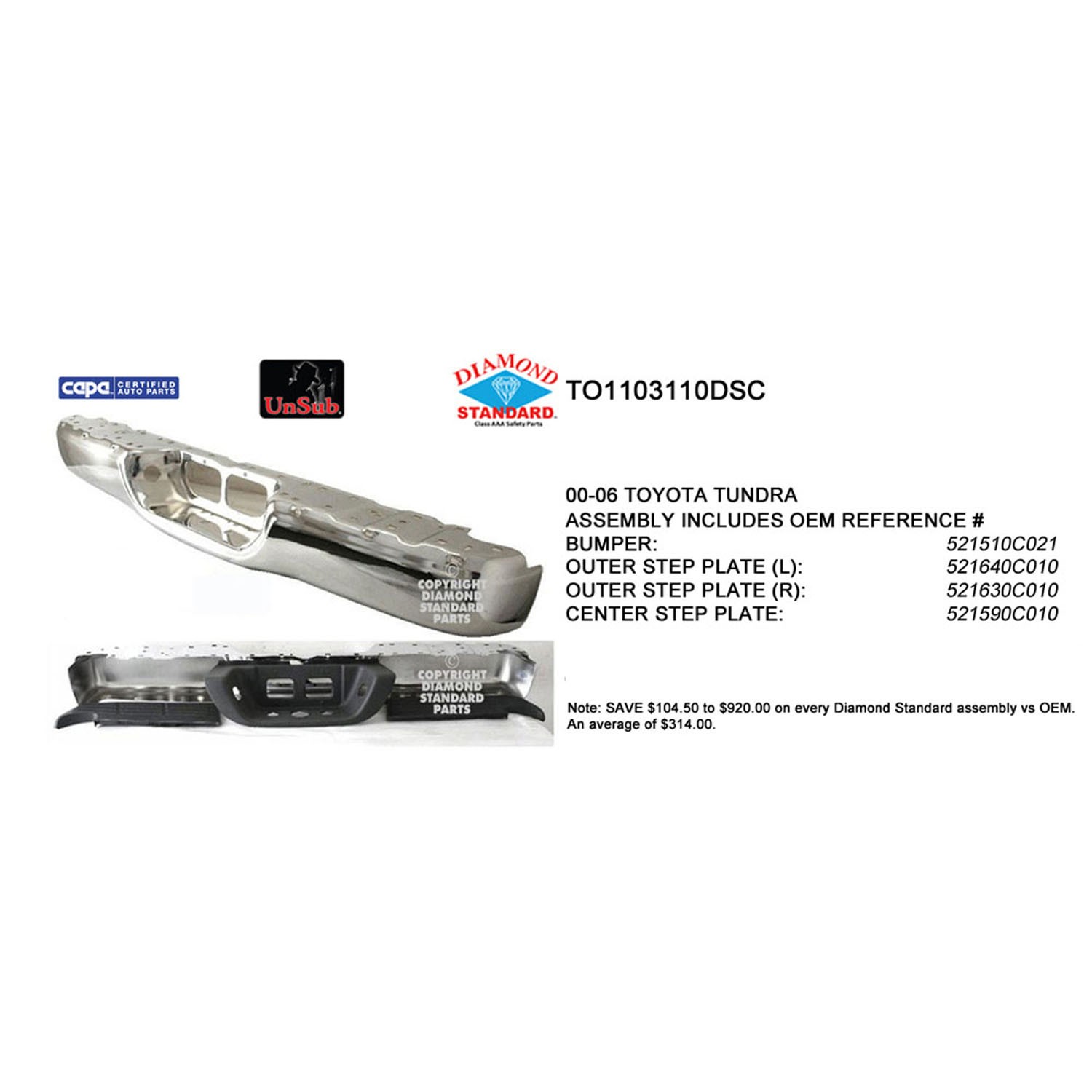 Bumper Assembly Rear Step Bumper w/Pads w/o Rebar or Brackets Chrome CAPA for Toyota Tundra 2000–2006