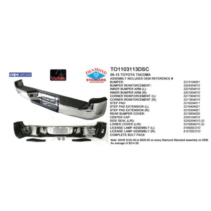 Bumper Assembly w/Pads/Rein/Brackets/Cover/Seals/Lamps Chrome CAPA for Toyota Tacoma Base Pre Runner Base Prerunner 2005–2015