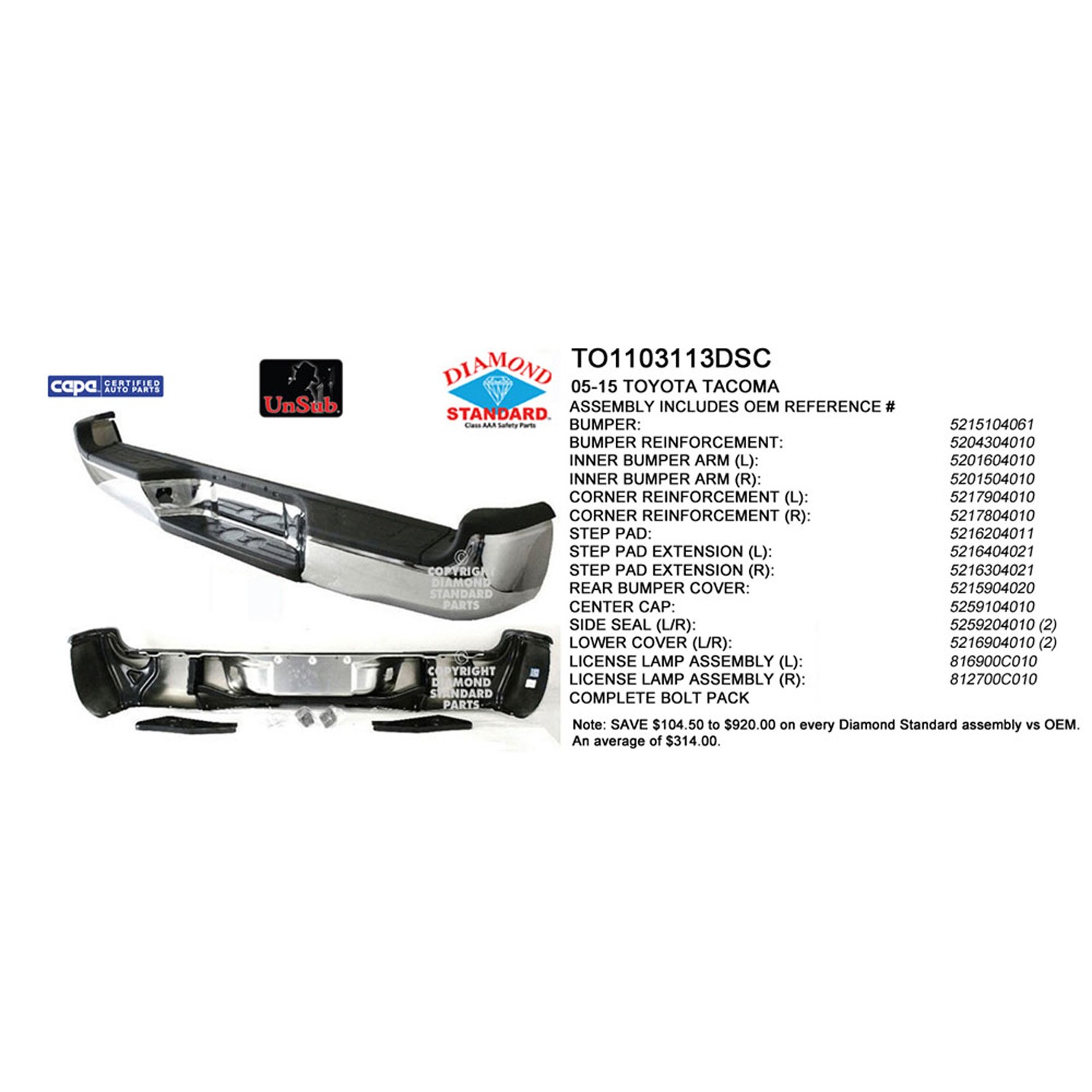 Bumper Assembly w/Pads/Rein/Brackets/Cover/Seals/Lamps Chrome CAPA for Toyota Tacoma Base Pre Runner Base Prerunner 2005–2015