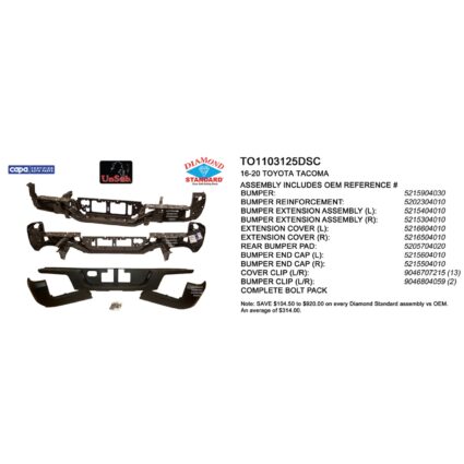 Bumper Assembly Rear w/o Towing Hitch w/o Parking Assist Black CAPA for Toyota Tacoma 2016–2023