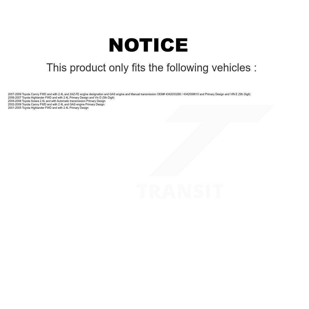 Front CV Axle Drive Shaft Complete Assembly Kit For Toyota Camry Highlander Solara KCV-100090 - Image 2