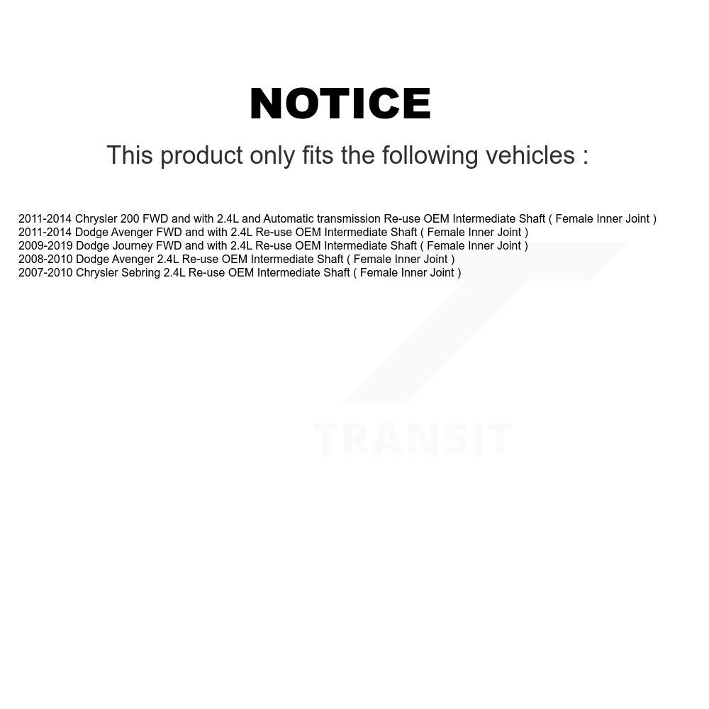 Front CV Axle Drive Shaft Assembly Kit For Dodge Journey Chrysler 200 Avenger Sebring KCV-100126 - Image 2