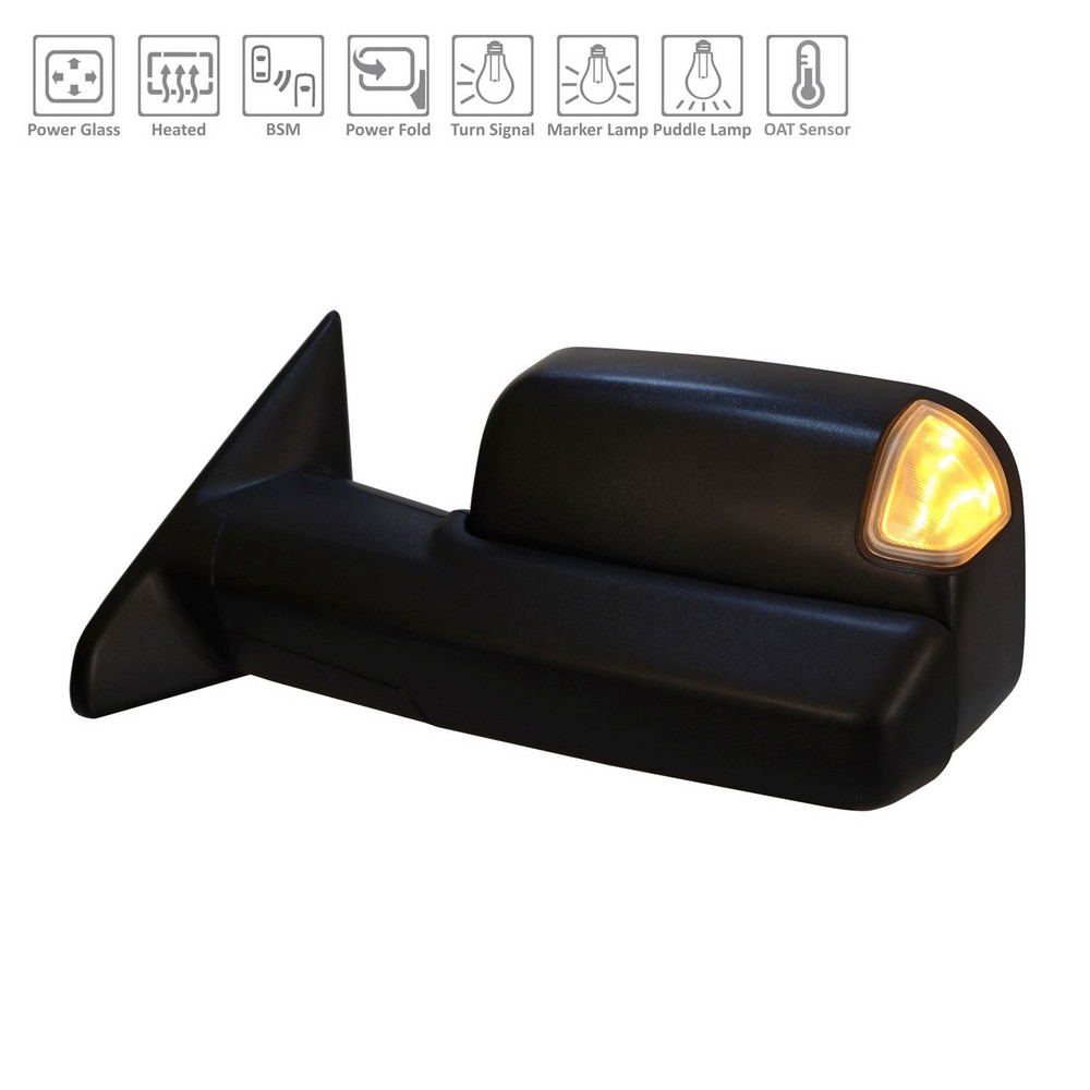 Door Mirror Assembly Left w/Towing Pkg w/Blind Spot Sensor w/o Surround View w/o Memory Black for Ram 2500 3500