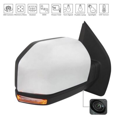Door Mirror Assembly Right Standard w/Side View Camera w/BLIS w/Spot Lamp Chrome for Ford F-150 2018